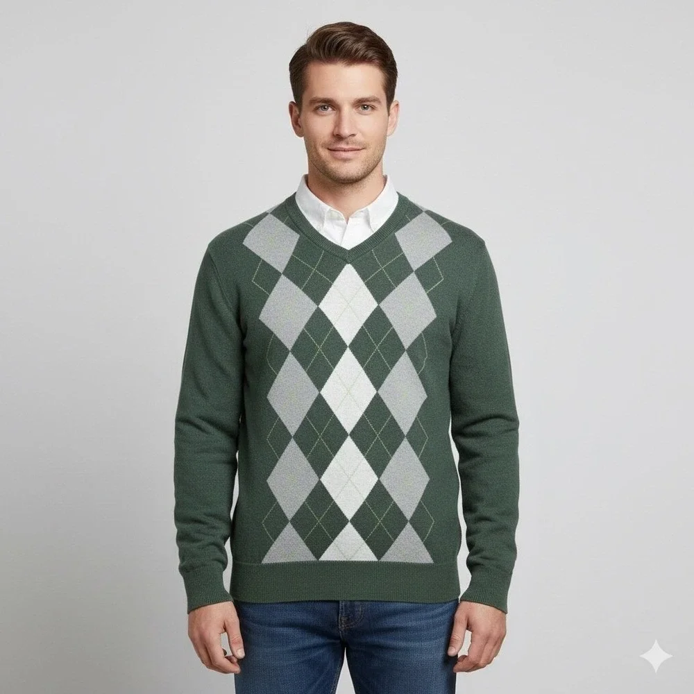 Old Navy Mens Size Small V Neck Sweater Green Argyle Classic Fit Preppy‎ Fall